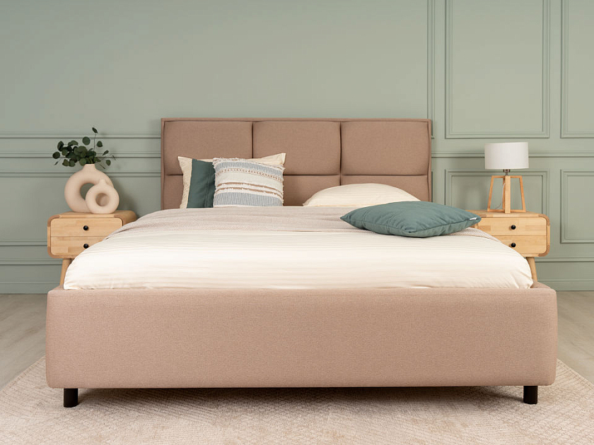 Кровать Malina 160x220 Ткань: Рогожка Тетра Бежевый - Изящная кровать без встроенного основания из массива сосны с мягкими элементами.