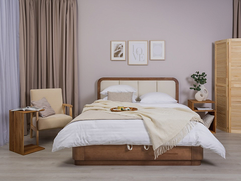 Двуспальная кровать Hemwood с подъемным механизмом - Кровать из натурального массива сосны с мягким изголовьем и бельевым ящиком