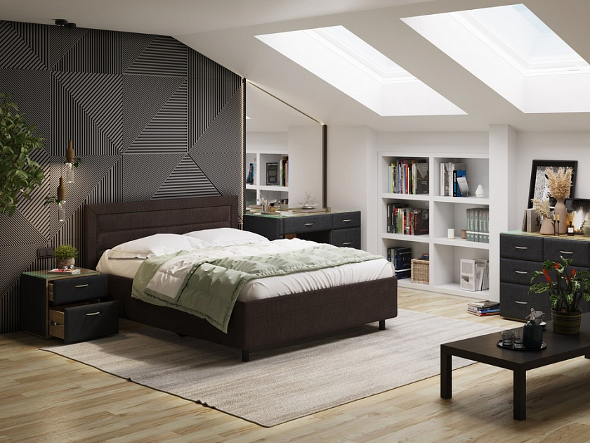 Кровать Next Life 2 90x190 Ткань: Рогожка Тетра Брауни - Cтильная модель в стиле минимализм с горизонтальными строчками