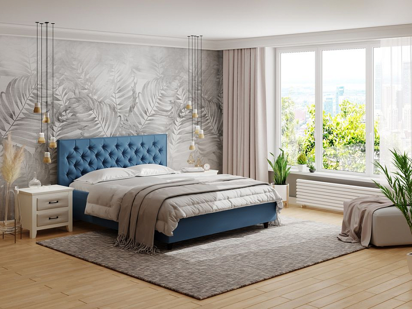 Кровать Teona 160x190 Ткань: Рогожка Тетра Голубой - Кровать с высоким изголовьем, украшенным благородной каретной пиковкой.